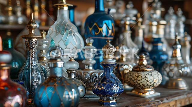 زيوت تقليدية تراثية، صورة مقربة لترتيب زجاجات العطور العربية الملونة المزخرفة في سوق شعبي، المحلات التجارية لبيع الطيب والعطر العربي، عرض المنتجات المحلية الوطنية، التسوق والتبضع في الأسواق الشعبية السياحية في المملكة العربية السعودية
