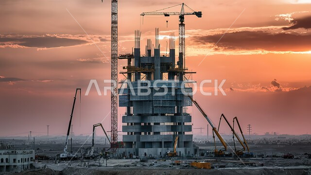 بناء الواجهة الرئيسية و تنفيذ مخطط الإعمار بتشكيل الهيكل الأساسي للمبنى, ناطحة سحاب قيد الانشاء في المملكة العربية السعودية, الآلات والمعدات الثقيلة والرافعات والسقالات العالية, مفهوم الهندسة الانشائية والمعمارية, برج تحت التشييد باستخدام الآليات الحديثة