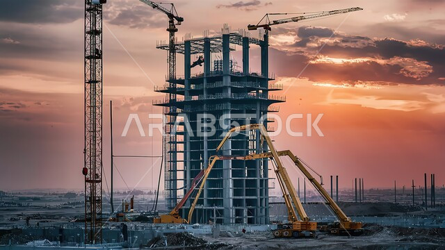 Building the main façade and implementing the reconstruction plan by forming the basic structure of the building, a skyscraper under construction in the Kingdom of Saudi Arabia, heavy machinery and equipment, cranes and high scaffolding, the concept of structural and architectural engineering, a tower under construction using modern mechanisms