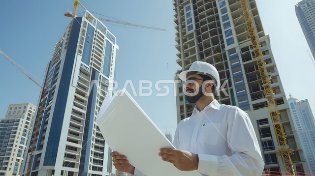Supervising and following up on projects, a picture of a Saudi Arabian Gulf engineer wearing a traditional thobe and a protective helmet, the development of structural engineering in Saudi Arabia, project management from the work site, achieving the urban revolution, professions and jobs in the Kingdom