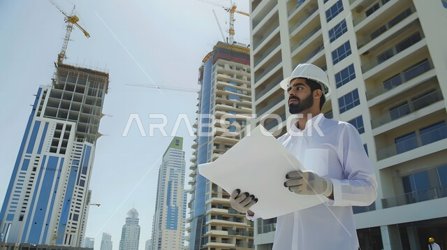 Supervising and following up on projects, a picture of a Saudi Arabian Gulf engineer wearing a traditional thobe and a protective helmet, the development of structural engineering in Saudi Arabia, project management from the work site, achieving the urban revolution, professions and jobs in the Kingdom