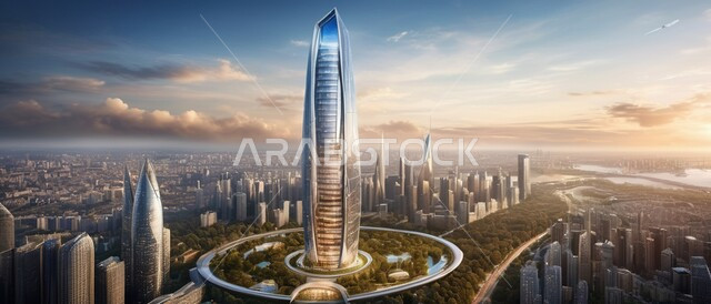 Building a civilized and advanced future, famous tourist places and landmarks, a future imaginary view of progress and urban growth, tall commercial buildings and facilities in the Kingdom of Saudi Arabia, Saudi Vision 2030, architectural engineering art of towers and skyscrapers