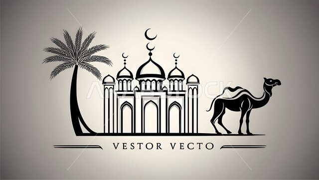 Interest in raising camels and dromedaries, places of worship, prayer and humility, drawings of Islamic mosques, Islamic architectural art, gray background