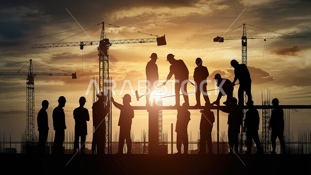 مهن ووظائف هندسية، حوارات ونقاشات عمل، العمل في موقع البناء، صورة ظلية لمجموعة مهندسون معماريون عرب سعوديون خليجيون يتناقشون في ورقة مخطط البناء، ارتداء خوذة وسترة الحماية الخاصة بالعمل، التدقيق والاشراف على العمل، سالوليت