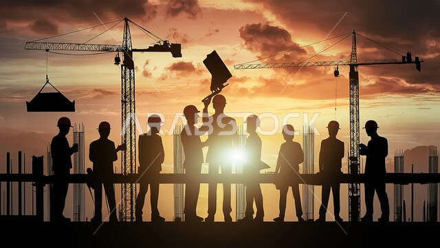 مهن ووظائف هندسية، حوارات ونقاشات عمل، العمل في موقع البناء، صورة ظلية لمجموعة مهندسون معماريون عرب سعوديون خليجيون يتناقشون في ورقة مخطط البناء، ارتداء خوذة وسترة الحماية الخاصة بالعمل، التدقيق والاشراف على العمل، سالوليت