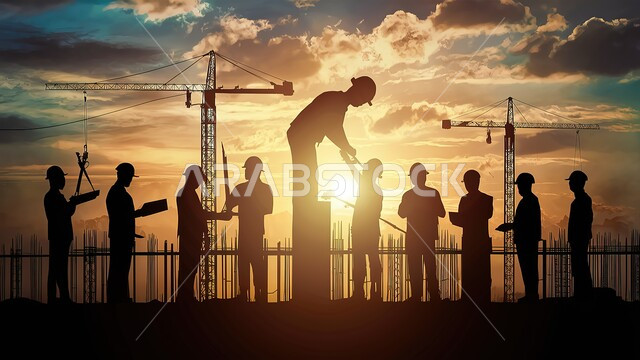 مهن ووظائف هندسية، حوارات ونقاشات عمل، العمل في موقع البناء، صورة ظلية لمجموعة مهندسون معماريون عرب سعوديون خليجيون يتناقشون في ورقة مخطط البناء، ارتداء خوذة وسترة الحماية الخاصة بالعمل، التدقيق والاشراف على العمل، سالوليت