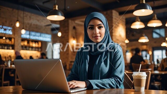  استخدام الأجهزة والتقنيات الحديثة والمتطورة، شابة عربية خليجية سعودية محجبة تعمل على الكمبيوتر المحمول في مقهى مريح مع إضاءة دافئة، مفهوم نمط الحياة المهنية، تصفح وسائل التواصل الاجتماعي