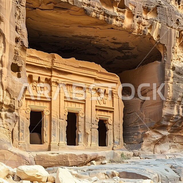 Rock formations and formations of Madain Saleh in Al-Ula Governorate in the Kingdom of Saudi Arabia, places that attract tourists from all over the world, ancient civilization and historical monuments, famous natural tourist attractions, preserving the culture and history of the ancestors, rock carving in desert areas