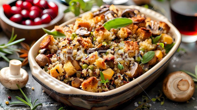 الأساليب الفنية في تقديم الطعام، المقبلات والأطباق والأصناف العربية الشرقية اللذيذة، وجبات غذائية صحية, حشوة الكينوا والفطر اللذيذة مع الأعشاب