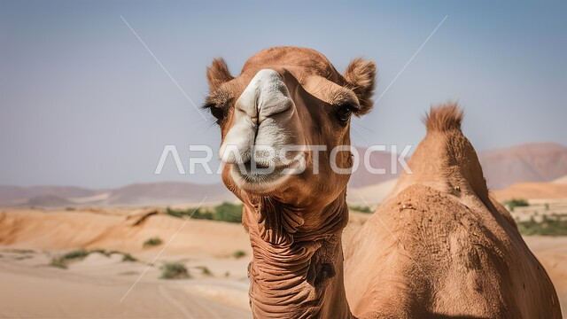 تربية الجمال والابل في المحميات الطبيعية في المملكة العربية السعودية, صورة مقربة لجمل عربي أصيل يقف في الصحراء, الاهتمام ورعاية المواشي والثديات في الصحاري, منظر الرمال الذهبية الناعمة, التلال و الكثبان الرملية