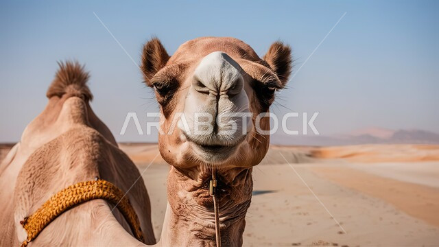 التلال و الكثبان الرملية، تربية الجمال والابل في المحميات الطبيعية في المملكة العربية السعودية, صورة مقربة لجمل عربي أصيل يقف في الصحراء, الاهتمام ورعاية المواشي والثديات في الصحاري, منظر الرمال الذهبية الناعمة