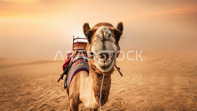 منظر الرمال الذهبية الناعمة، التلال و الكثبان الرملية، تربية الجمال والابل في المحميات الطبيعية في المملكة العربية السعودية, صورة مقربة لجمل عربي أصيل يقف في الصحراء, الاهتمام ورعاية المواشي والثديات في الصحاري
