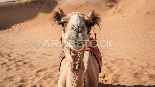 الاهتمام ورعاية المواشي والثديات في الصحاري، منظر الرمال الذهبية الناعمة، التلال و الكثبان الرملية، تربية الجمال والابل في المحميات الطبيعية في المملكة العربية السعودية, صورة مقربة لجمل عربي أصيل يقف في الصحراء