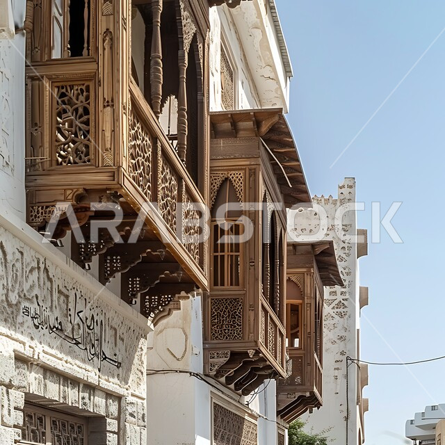 الشرفات والنوافذ الخشبية والتصميمات المعقدة للبناء المعماري العربي القديم، الفنون والتصاميم الهندسية والتراث العربي في مدينه جدة، المعالم والأماكن التاريخية السياحية المشهورة في السعودية، المباني الأثرية المصنوعة من الحجر المرجاني في البلد التاريخي