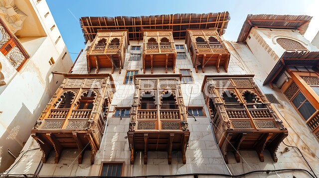 الفنون والتصاميم الهندسية والتراث العربي في مدينه جدة، المعالم والأماكن التاريخية السياحية المشهورة في السعودية، المباني الأثرية المصنوعة من الحجر المرجاني في البلد التاريخي، الشرفات والنوافذ الخشبية والتصميمات المعقدة للبناء المعماري العربي القديم