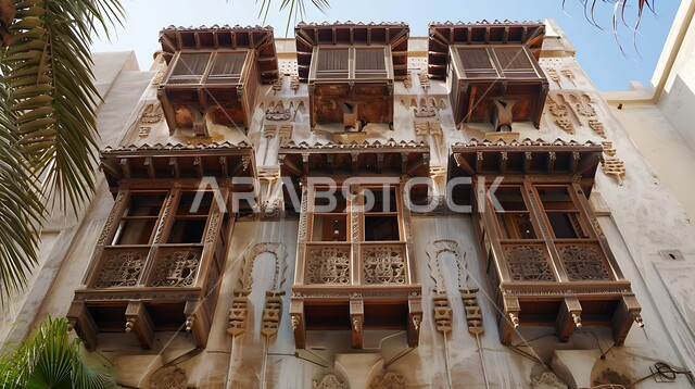 الشرفات والنوافذ الخشبية والتصميمات المعقدة للبناء المعماري العربي القديم، الفنون والتصاميم الهندسية والتراث العربي في مدينه جدة، المعالم والأماكن التاريخية السياحية المشهورة في السعودية، المباني الأثرية المصنوعة من الحجر المرجاني في البلد التاريخي