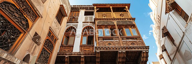 الفنون والتصاميم الهندسية والتراث العربي في مدينه جدة، المعالم والأماكن التاريخية السياحية المشهورة في السعودية، المباني الأثرية المصنوعة من الحجر المرجاني في البلد التاريخي، الشرفات والنوافذ الخشبية والتصميمات المعقدة للبناء المعماري العربي القديم