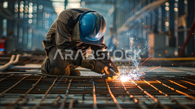 عمال ومهندسين في المملكة العربية السعودية، ارتداء قناع الحمايه من الشرار المتناثر، صورة مقربة لحداد عربي خليجي سعودي يقوم بلحام الحديد في موقع البناء