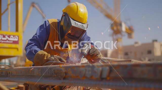 عمال ومهندسين في المملكة العربية السعودية، ارتداء قناع الحمايه من الشرار المتناثر، صورة مقربة لحداد عربي خليجي سعودي يقوم بلحام الحديد في موقع البناء