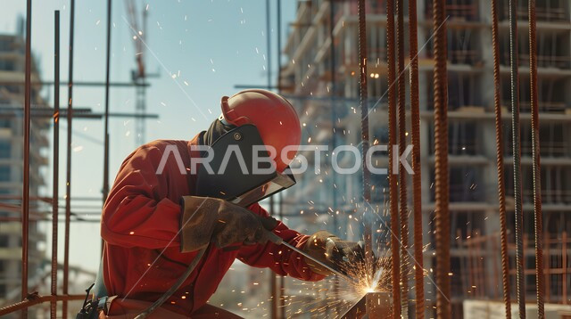 عمال ومهندسين في المملكة العربية السعودية، ارتداء قناع الحمايه من الشرار المتناثر، صورة مقربة لحداد عربي خليجي سعودي يقوم بلحام الحديد في موقع البناء