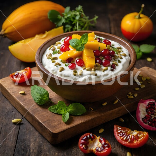 Top view of a dessert plate with cream and nuts, healthy Arabic desserts, a plate decorated with fruits and pistachios, delicious and tasty foods