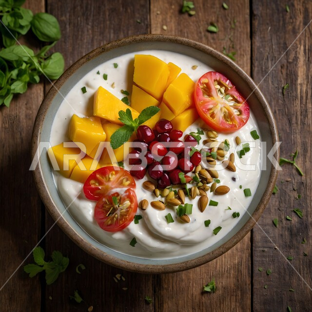 صورة من الاعلى لطبق حلويات بالقشطة والمكسرات, حلويات عربية صحية, طبق مزين بالفاكهة والفستق, مأكولات شهية ولذيذة