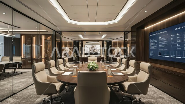 تصميمات وديكورات داخلية أنيقة مع أثاث فخم ومريح لغرف المكاتب، هندسة معمارية متطورة، غرف للقراءة والجلوس، مكتب عمل بواجهة زجاجية كبيرة، تصميم عصري حديث لمكاتب الشركات السعودية.