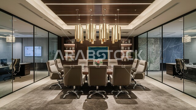 تصميمات وديكورات داخلية أنيقة مع أثاث فخم ومريح لغرف المكاتب، هندسة معمارية متطورة، غرف للقراءة والجلوس، مكتب عمل بواجهة زجاجية كبيرة، تصميم عصري حديث لمكاتب الشركات السعودية.