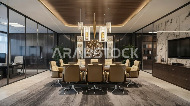 تصميمات وديكورات داخلية أنيقة مع أثاث فخم ومريح لغرف المكاتب، هندسة معمارية متطورة، غرف للقراءة والجلوس، مكتب عمل بواجهة زجاجية كبيرة، تصميم عصري حديث لمكاتب الشركات السعودية.