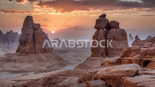 Mountain peaks and heights in the middle of the sandy environment, natural landscapes in the desert areas of the Kingdom of Saudi Arabia, ancient historical monuments, famous tourist places, rock formations and formations in the desert of Al-Ula Governorate