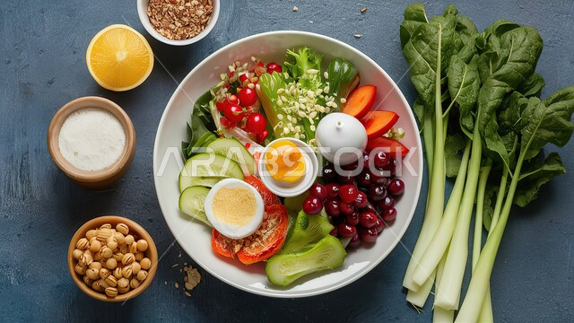 وجبة فطور صباحية مفيدة وسريعة، وجبات ومأكولات للحميات الغذائية، الاومليت اللذيذ المليء بالبروتينات الصحية، سفرة إفطار طازجة ومغذية، طبق البيض المقلي مع الطماطم والخضار