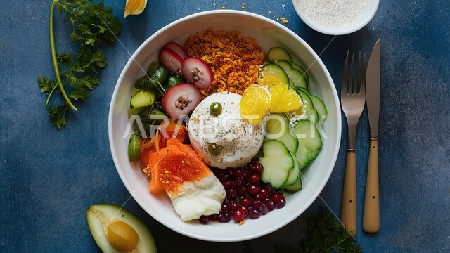 وجبة فطور صباحية مفيدة وسريعة، وجبات ومأكولات للحميات الغذائية، الاومليت اللذيذ المليء بالبروتينات الصحية، سفرة إفطار طازجة ومغذية، طبق البيض المقلي مع الطماطم والخضار