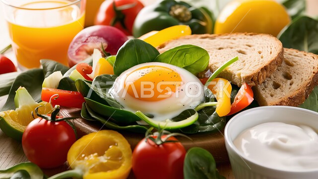 وجبة فطور صباحية مفيدة وسريعة، وجبات ومأكولات للحميات الغذائية، الاومليت اللذيذ المليء بالبروتينات الصحية، سفرة إفطار طازجة ومغذية، طبق البيض المقلي مع الطماطم والخضار