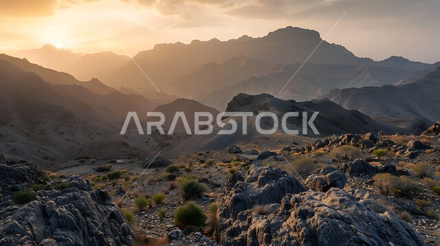 متعة السياحة والاستكشاف في القمم والمرتفعات الجبلية, الطبيعة الصخرية و الأجواء الضبابية وقت غروب الشمس, التضاريس والصخور في المناطق المرتفعة في المملكة العربية السعودية, الأماكن والمعالم السياحية المشهورة