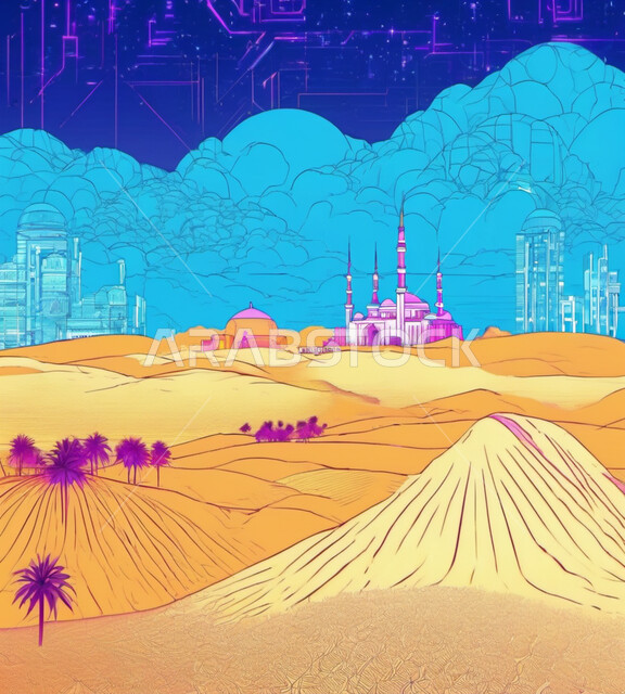 العبادة والتقرب إلى الله تعالى، الديكورات والتصاميم الهندسية المعمارية لبناء المساجد في المملكة العربية السعودية، رسوم توضيحية لأشجار النخيل والمسجد وسط الصحراء، معالم دينية إسلامية مقدسة على الرمال الذهبية الناعمة، المآذن والقبب على الطراز الإسلامي