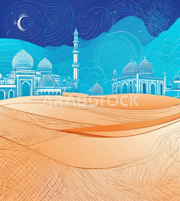  الديكورات والتصاميم الهندسية المعمارية لبناء المساجد في المملكة العربية السعودية، رسوم توضيحية لمسجد وسط الصحراء، معالم دينية إسلامية مقدسة على الرمال الذهبية الناعمة، المآذن والقبب على الطراز الإسلامي، العبادة والتقرب إلى الله تعالى
