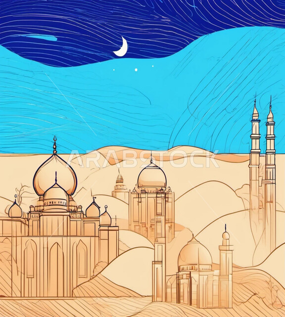 رسوم توضيحية لمسجد وسط الصحراء، معالم دينية إسلامية مقدسة على الرمال الذهبية الناعمة، المآذن والقبب على الطراز الإسلامي، العبادة والتقرب إلى الله تعالى، الديكورات والتصاميم الهندسية المعمارية لبناء المساجد في المملكة العربية السعودية