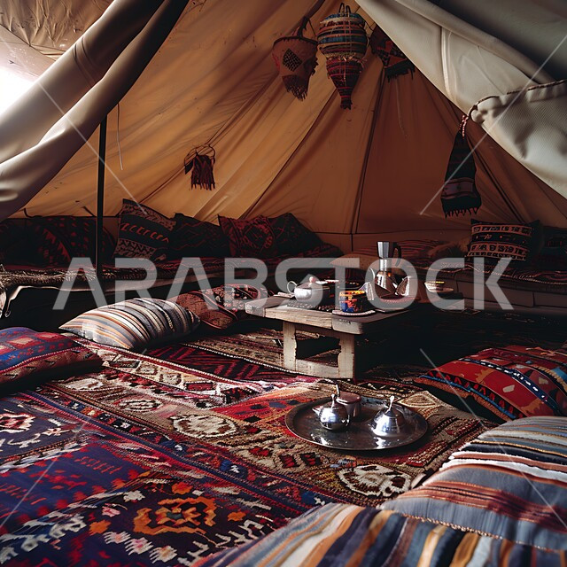 المنسوجات المطرزة المصنوعة بشكل يدوي, طاولة الضيافة الخشبية المنخفضة, الخيم الشعبية القديمة في السعودية, التصميم التراثي السعودي للمجالس العربية، حياة البدو البرية في المملكة، الديكور الداخلي للخيمة البدوية التقليدية، المفروشات والوسائد الملونة