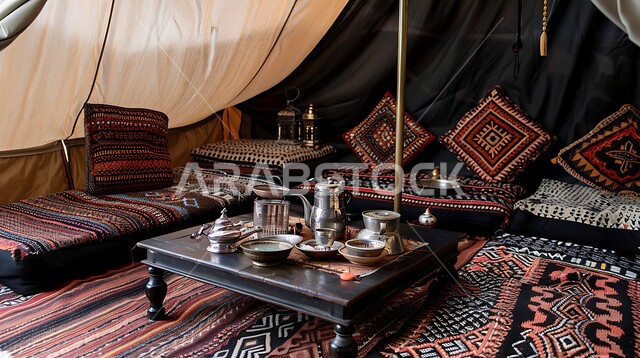 Interior decoration of traditional Bedouin tent, colorful furnishings and pillows, hand-made embroidered textiles, low wooden hospitality table, old folk tents in Saudi Arabia, Saudi heritage design of Arab councils, Bedouin wildlife in the Kingdom