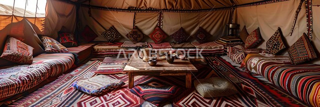 المنسوجات المطرزة المصنوعة بشكل يدوي, طاولة الضيافة الخشبية المنخفضة, الخيم الشعبية القديمة في السعودية, التصميم التراثي السعودي للمجالس العربية، حياة البدو البرية في المملكة، الديكور الداخلي للخيمة البدوية التقليدية، المفروشات والوسائد الملونة