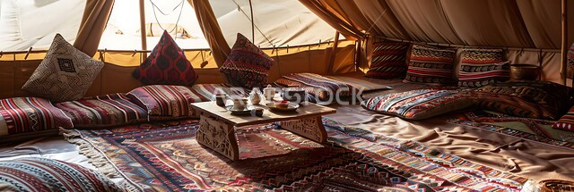 Colorful upholstery and cushions, hand-made embroidered textiles, low wooden hospitality table, old traditional tents in Saudi Arabia, Saudi heritage design of Arab councils, Bedouin wildlife in the Kingdom, interior decoration of traditional Bedouin tent
