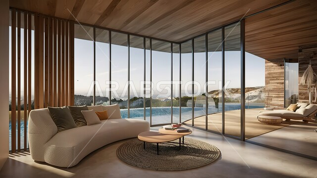 التصاميم الداخلية لغرف الجلوس على الطراز الحديث، النوافذ والواجهات الزجاجية المطلة على الطبيعة، غرفة معيشة مع أثاث منزلي فاخر باللون الابيض، ديكور داخلي راقي للفلل والشقق السكنية في المملكة العربية السعودية