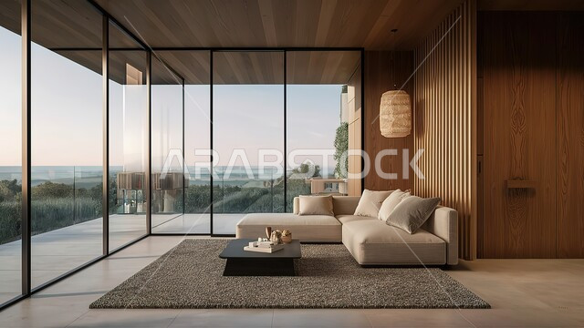 التصاميم الداخلية لغرف الجلوس على الطراز الحديث، النوافذ والواجهات الزجاجية المطلة على الطبيعة، غرفة معيشة مع أثاث منزلي فاخر باللون الابيض، ديكور داخلي راقي للفلل والشقق السكنية في المملكة العربية السعودية