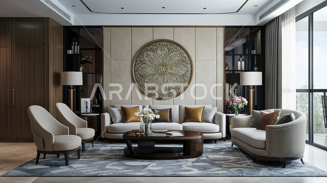 لوحات حائط دائرية مزخرفة، فنادق ومنتجعات فاخرة، غرفة معيشة بتصميمات عصرية، غرف معيشة بديكورات داخلية مميزة، أثاث منزلي راقي بألوان هادئة، تصميمات انيقة بأسلوب عصري، شقق وفلل سكنية