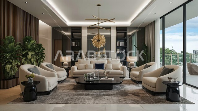 لوحات حائط دائرية مزخرفة، فنادق ومنتجعات فاخرة، غرفة معيشة بتصميمات عصرية، غرف معيشة بديكورات داخلية مميزة، أثاث منزلي راقي بألوان هادئة، تصميمات انيقة بأسلوب عصري، شقق وفلل سكنية