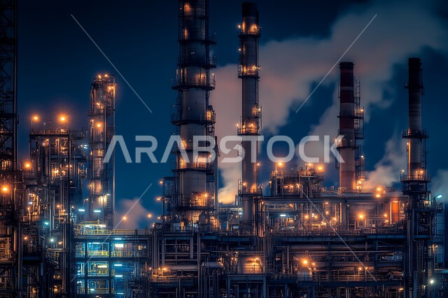 تصاعد الدخان من المصانع وتلويث البيئة، معامل الصناعة في المملكة العربية السعودية، الصناعات التنموية المساهمة في نهضة الاقتصاد الوطني السعودي، مستودعات وخزانات كبيرة وضخمة، محطة صناعية بالأبراج والهياكل المعدينة في وقت الغروب، الاعتماد على الانتاج الوطني المحلي