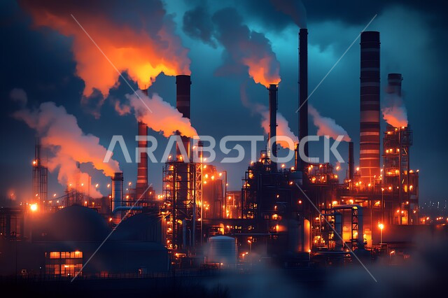 تصاعد الدخان من المصانع وتلويث البيئة، معامل الصناعة في المملكة العربية السعودية، الصناعات التنموية المساهمة في نهضة الاقتصاد الوطني السعودي، مستودعات وخزانات كبيرة وضخمة، محطة صناعية بالأبراج والهياكل المعدينة في وقت الغروب، الاعتماد على الانتاج الوطني المحلي