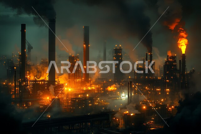 تصاعد الدخان من المصانع وتلويث البيئة، معامل الصناعة في المملكة العربية السعودية، الصناعات التنموية المساهمة في نهضة الاقتصاد الوطني السعودي، مستودعات وخزانات كبيرة وضخمة، محطة صناعية بالأبراج والهياكل المعدينة في وقت الغروب، الاعتماد على الانتاج الوطني المحلي