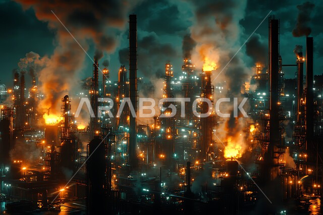 تصاعد الدخان من المصانع وتلويث البيئة، معامل الصناعة في المملكة العربية السعودية، الصناعات التنموية المساهمة في نهضة الاقتصاد الوطني السعودي، مستودعات وخزانات كبيرة وضخمة، محطة صناعية بالأبراج والهياكل المعدينة في وقت الغروب، الاعتماد على الانتاج الوطني المحلي