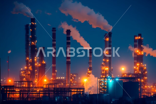 الصناعات التنموية المساهمة في نهضة الاقتصاد الوطني السعودي، معامل الصناعة في المملكة العربية السعودية، تصاعد الدخان من المصانع وتلويث البيئة، مستودعات وخزانات كبيرة وضخمة، محطة صناعية بالأبراج والهياكل المعدينة في وقت الغروب، الاعتماد على الانتاج الوطني المحلي